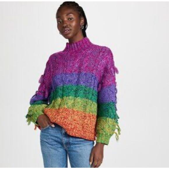 FARM Rio Dresses & Skirts - FARM RIO MULTI COLOR STRIPPED FRINGE TURTLENECK SWEATER SZ L
